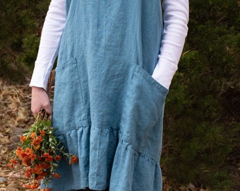 Azure blue linen pinafore with ruffle, cross-back Japanese style apron, no-tie women's full apron, 100% Exclusive, linen gift for her