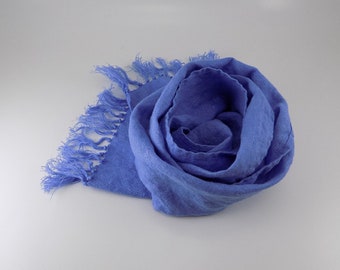 Periwinkle blue linen scarf, skinny scarf with hand knotted fringe, small blue purple accent scarf, gift for her birthday