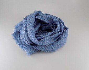 Blue striped linen scarf, small fringed accent scarf, lightweight spring scarf