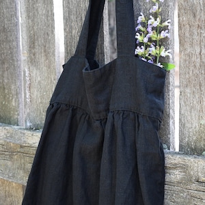 Pleated black linen tote bag for rustic room, country style decor, shopping bag with hidden loop, shoulder bag, 100% Exclusive wedding gift