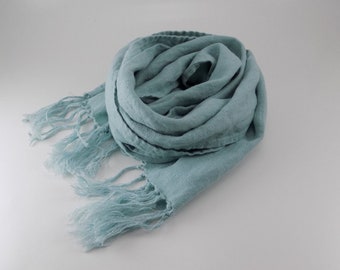 Aqua blue linen scarf with hand knotted fringe, small light blue accent scarf, spring gift for her