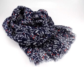 Mulberry Silk Scarf: Floral Print Neckerchief, Red Blue Navy  display picture 1