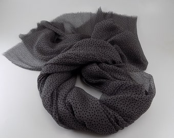 Gray and black mulberry silk scarf with dots, small lightweight fringe scarf, mini polka dot wrinkle scarf, gift for her