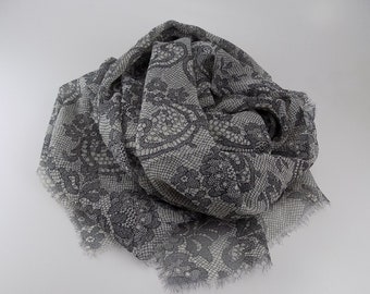 Black lace print silk scarf, black on white floral scarf, small lightweight fringe scarf, gift for her