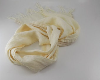Small cream linen scarf with lace, skinny wedding scarf, scarf with knotted fringe, 100% Exclusive linen gift for her