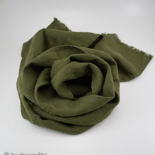 Small linen scarf in moss green, olive green scarf, army green fringed scarf, linen gift