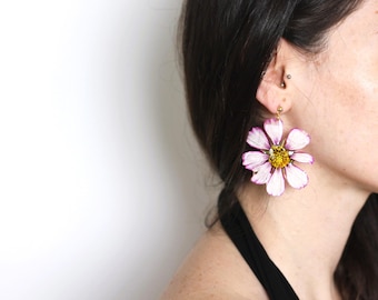 Cosmos Pink Flower Resin Earrings Large, October Birth Flower Earrings, October Birthday Gift, Large Floral Earrings  Real Cosmos Flowers