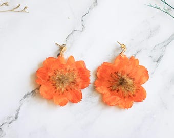 Vintage Marigold Flower Resin Earrings Large, October Birth Flower Earrings, October Birthday Gift, Large Earrings Real Marigold Flowers