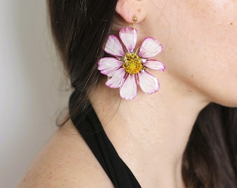 Resin Earrings with Real Pink Cosmos Flowers Hydrangea Earrings • Large Lightweight Floral Jewelry • Handmade Jewerly Gift for Her