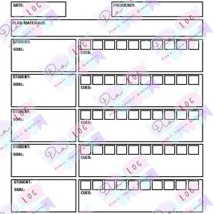 Peut inclure: Une feuille de suivi de thérapie de groupe imprimable en noir et blanc, intitulée "GROUP THERAPY". Elle comprend des sections pour la date, la fréquence, le plan/matériel, les objectifs des étudiants et les indices.