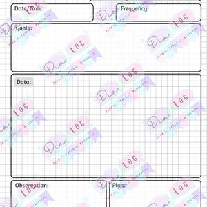 May include: A therapy data log sheet with a grid background. The top of the sheet has the words "Therapy Data" and fields for "Name" and "Billed." Additional fields include "Date/Time," "Frequency," "Goals," "Data," and "Observation."