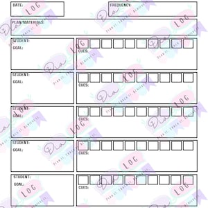 May include: A black and white printable group therapy log with the title "GROUP THERAPY" at the top. The log includes sections for date, frequency, plan/materials, student goals, cues, and notes. The design features a simple layout.