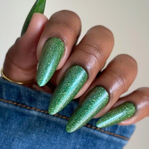 Grass Half-Full - Leafy Green Nail Polish, Blue Shimmer Shifts To Pinky/Purple, Smooth Holographic Flakes, Opaque Coverage