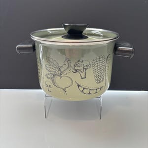 May include: A light green enamel pot with a black lid and handles. The pot features black line drawings of vegetables, including a beet, broccoli, corn, and peas. The pot is displayed on a clear stand against a dark background.