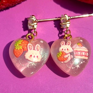 Pink Bunny Drop Earrings – Kawaii Rabbit Heart Dangle Earrings, Cute Jewelry Gift for Girls, Handmade Pastel Aesthetic Jewelry