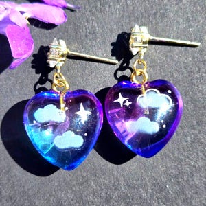 Cloud Earrings | Purple Ombre Heart Star Earrings | Kawaii Celestial Jewelry | Galaxy Sky Dangle Earrings | Cute Aesthetic Gift for Her