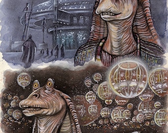 Jar Jar Binks - Star Wars Traditional Art Watercolor Painting - Photo Print 15x20cm (5.9"x7.8") - Hand Signed