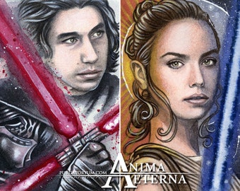 The Dark Side... and the Light - Kylo Ren & Rey - Star Wars Traditional Art Watercolor Paintings - Two ACEO Prints - Hand Signed