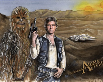 Han Solo & Chewbacca - Star Wars Traditional Art Watercolor Painting - Photo Print 15x20cm (5.9"x7.8") - Hand Signed