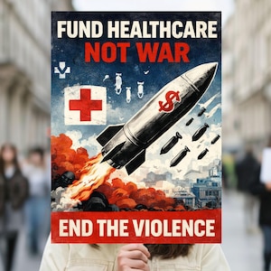 May include: Poster with the text "FUND HEALTHCARE NOT WAR" and "END THE VIOLENCE." The image features a rocket with a dollar sign, bombs, a red cross, and a cityscape, set against a blue sky and fiery explosion.