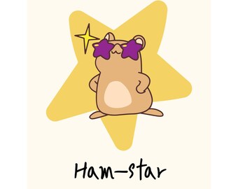 May include: A cartoon illustration of a hamster wearing purple star-shaped sunglasses, standing in front of a yellow star. A yellow starburst is above the hamster's head. The text "Ham-star" is below the hamster.