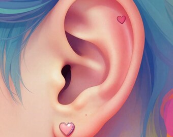 May include: Illustration of a human ear with two heart-shaped earrings. The ear is pink, with blue and yellow hair in the background. The words "Listen to your Heart" are written in cursive.