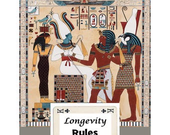May include: An Egyptian-themed artwork featuring figures in traditional attire. The image includes hieroglyphs and a central card with the text "Longevity Rules". The color palette consists of earthy tones, with accents of blue, red, and gold.