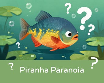May include: An illustration of a colorful piranha with a blue back, yellow and orange belly, and red fins. The fish is surrounded by question marks and lily pads. The text "Piranha Paranoia" is at the bottom.