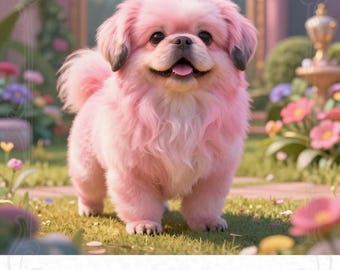May include: A fluffy pink dog wearing a gold crown with a blue gem. The dog is standing on green grass with flowers in the background. The image has the text "Pink-king-ese" at the bottom.