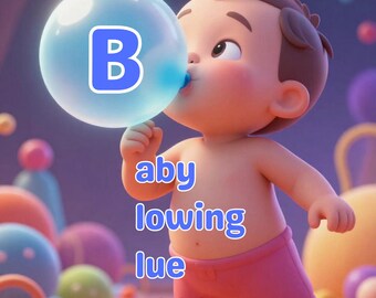May include: A cartoon baby blowing a large blue bubble with the letter "B" inside. The baby is wearing pink shorts and the text "aby lowing lue ubblegum" is displayed below the baby.