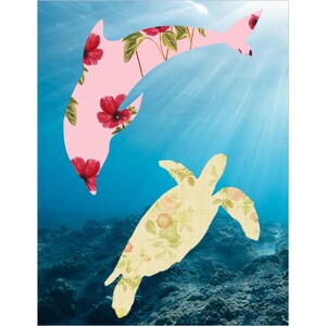 May include: An artistic illustration of a pink dolphin and a yellow sea turtle swimming underwater. The dolphin is patterned with red flowers and green leaves. The sea turtle is patterned with yellow and pink flowers. The background is a blue ocean.
