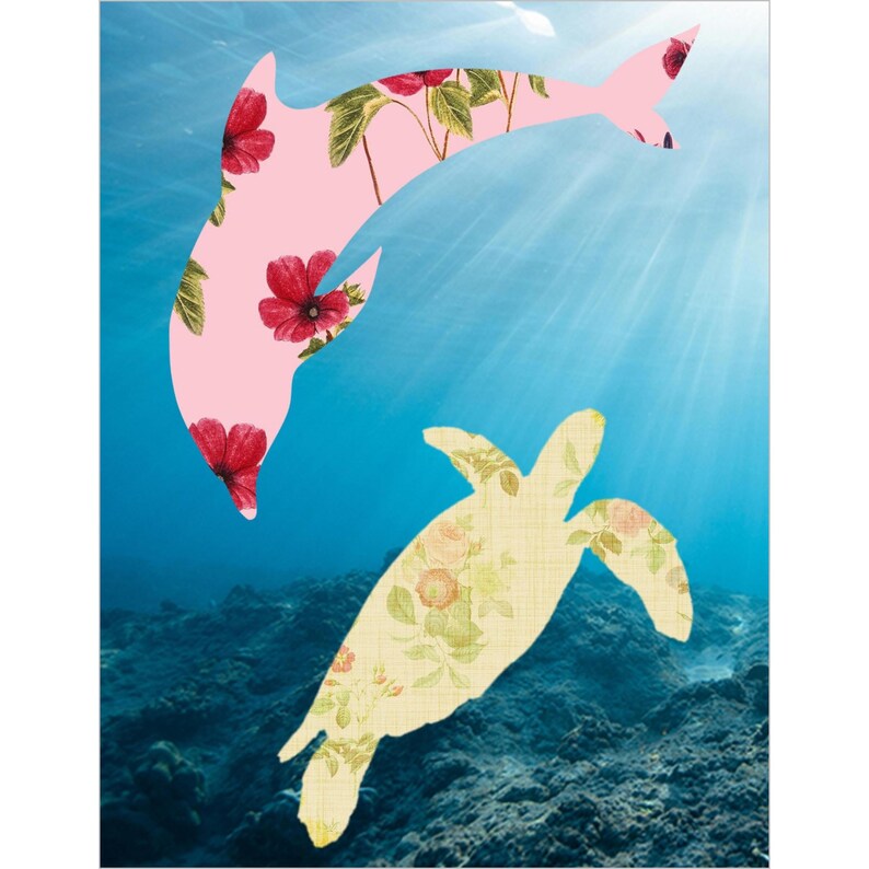 May include: An artistic illustration of a pink dolphin and a yellow sea turtle swimming underwater. The dolphin is patterned with red flowers and green leaves. The sea turtle is patterned with yellow and pink flowers. The background is a blue ocean.