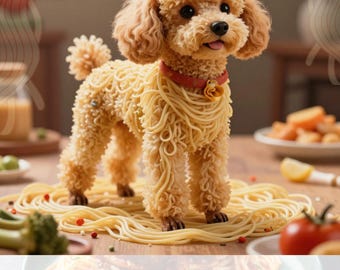 May include: A whimsical image of a poodle made of spaghetti noodles, standing on a bed of noodles. The dog has a red collar with a yellow flower. The image has the text "Poodle of noodles" at the bottom.