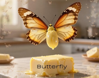 May include: A creative image featuring a butterfly made of butter hovering above a butter block. The butterfly has orange, brown, and white wings. The butter block has the word "Butterfly" written on it. The background is a kitchen setting.