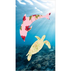 May include: An underwater scene featuring a pink dolphin and a yellow sea turtle, both patterned with floral designs. The dolphin has red flowers, while the turtle has a softer, more muted floral pattern. The background is a deep blue ocean with sunlight.