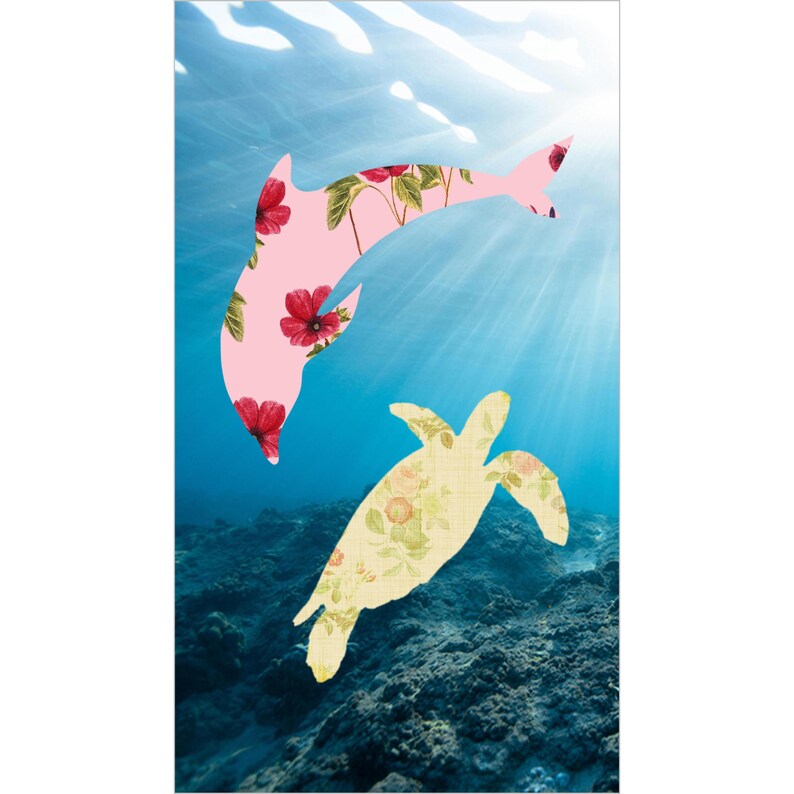 May include: An underwater scene featuring a pink dolphin and a yellow sea turtle, both patterned with floral designs. The dolphin has red flowers, while the turtle has a softer, more muted floral pattern. The background is a deep blue ocean with sunlight.