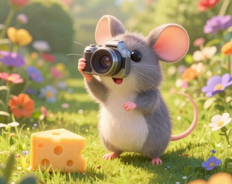 May include: A cartoon illustration of a gray mouse holding a camera, with a piece of cheese in front of it. The text "Cheese!" and "YOU'RE ON CAMERA" are displayed. The scene is set in a colorful garden with flowers.