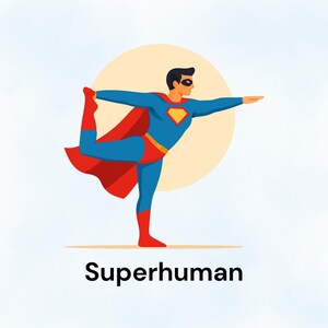 Può includere: Illustrazione di un supereroe in posa yoga. La figura indossa un costume blu e rosso con un emblema giallo. Il testo "Superhuman" è visualizzato in basso in nero.