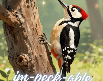 May include: A colorful illustration of a woodpecker perched on a tree trunk. The bird has a red head, black and white wings, and a beige body. The text "im-peck-able" is written in white cursive. The background is a blurred green forest.