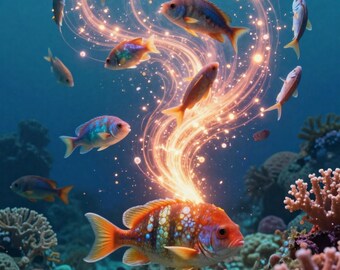 May include: An underwater scene featuring several colorful fish swimming in a vibrant blue ocean. The fish have orange, blue, and purple scales. The image includes the text "Magnet fish ent".