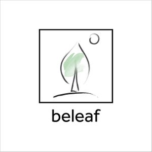 May include: A logo featuring a stylized tree with a green watercolor-like fill within the leaf shape, a black outline, and a small sun. The word "beleaf" is written in black below the image, all within a black square.