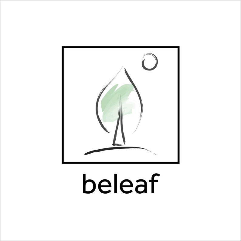 May include: A logo featuring a stylized tree with a green watercolor-like fill within the leaf shape, a black outline, and a small sun. The word "beleaf" is written in black below the image, all within a black square.