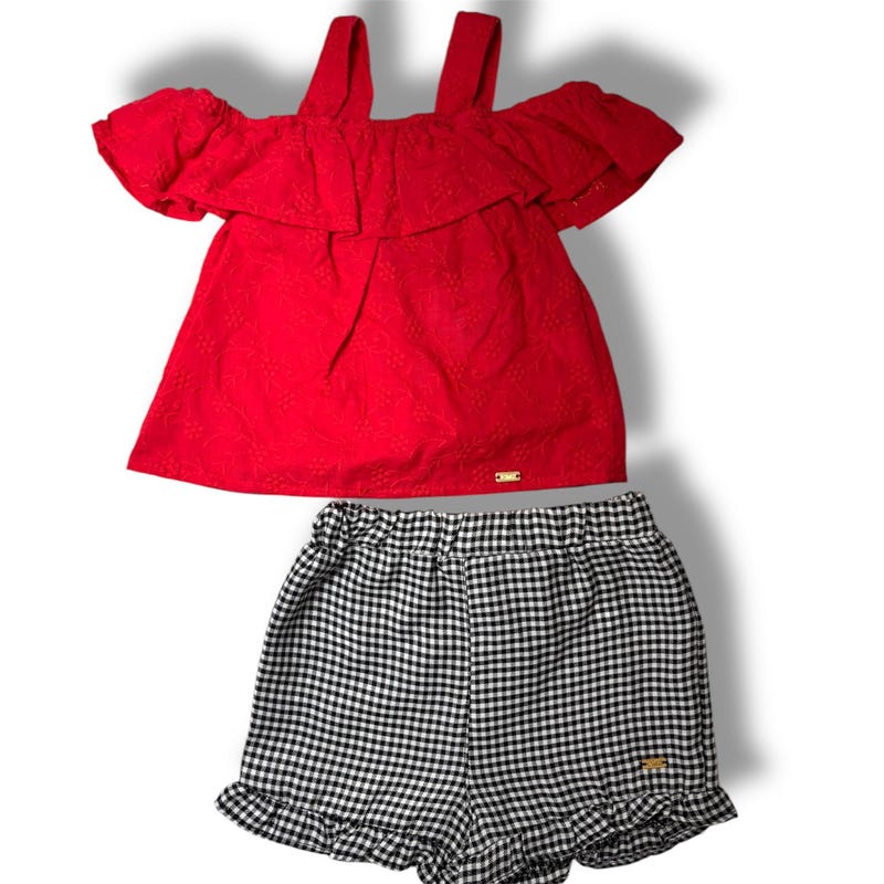 Girls' Knit Top & Gingham Shorts Set – Casual Summer Outfit main image 0