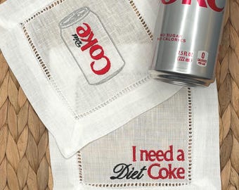 Diet Coke Embroidered Linen Cocktail Napkins Set of 4 Soda Design