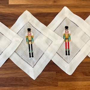 Embroidered Linen Cocktail Napkins - Nutcracker Design, Set of 4