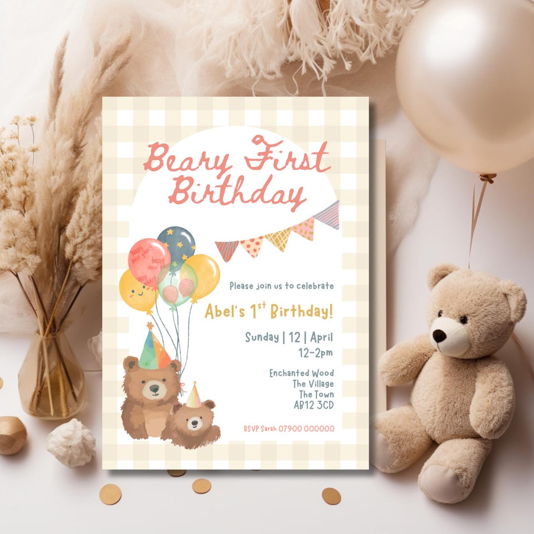 Beary First Birthday Invitation – Watercolour Teddy Bear Party ...