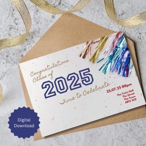 Comemore a turma de 2025 com estilo! Convite para formatura para impressão, design personalizável, download instantâneo, festa de formatura