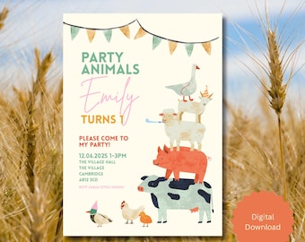Farm Animals First Birthday Invitation Template | Barnyard Party Invite (Digital Download)