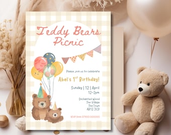 Invitación de cumpleaños número 1 con temática de picnic de ositos de peluche – Plantilla digital en acuarela