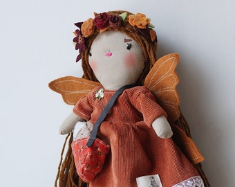 cloth doll, custom rag doll,poupée de chiffon,  with purse and animal friend,wool hair,vintage fabrics,linen,leather,eco-friendly doll